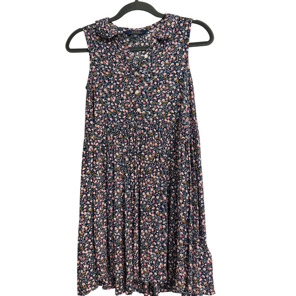 Polo Ralph Lauren Girls Navy Blue Floral Sleeveless Pleated Dress Size 12